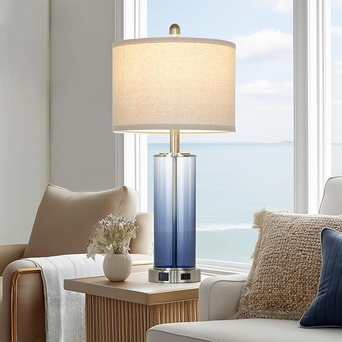 26 Inch Coastal Glass Table Lamp Single, 3-Way Dimmable Touch Control Bedroom Lamp with USB C+A Ports & AC Outlet, Modern Lamp for Living Room End Table, Nautical Bedside Lamp for Night stand, Blue