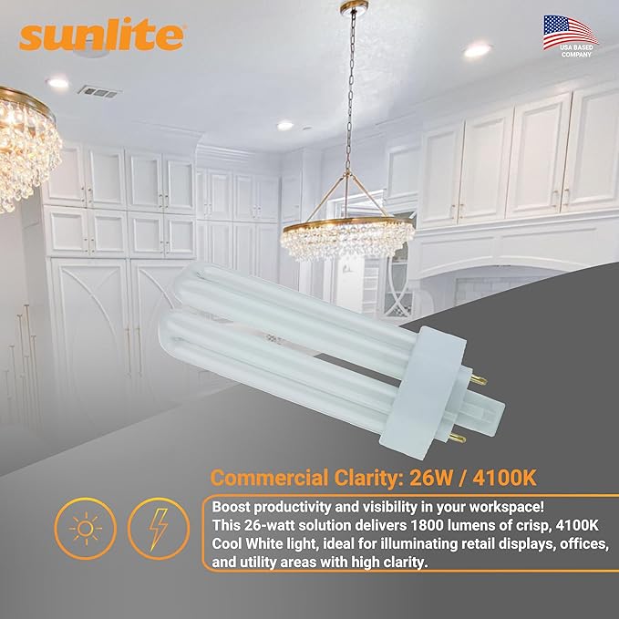 Sunlite PLT26/E/SP Compact Fluorescent Plug-in PLT 4-Pin Triple Tube, 26 Watts, 4-Pin GX24q3 Base, 1800 Lumens, 4100K Cool White, 10 Pack