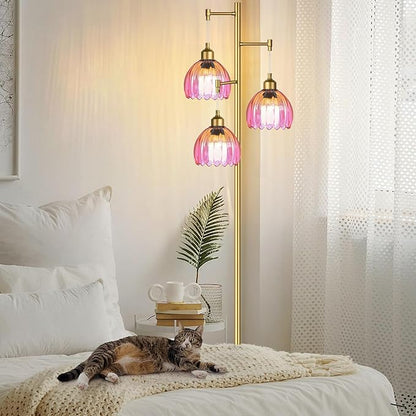 Floor Lamp for Living Room,Bedroom,Gold Mid Century Modern Standing Lamp Brass Tree 3 Light Tall Floor Lamps Vintage Retro Floor Lights Glass Flower Lamp Shade Farmhouse Boho Bohemian