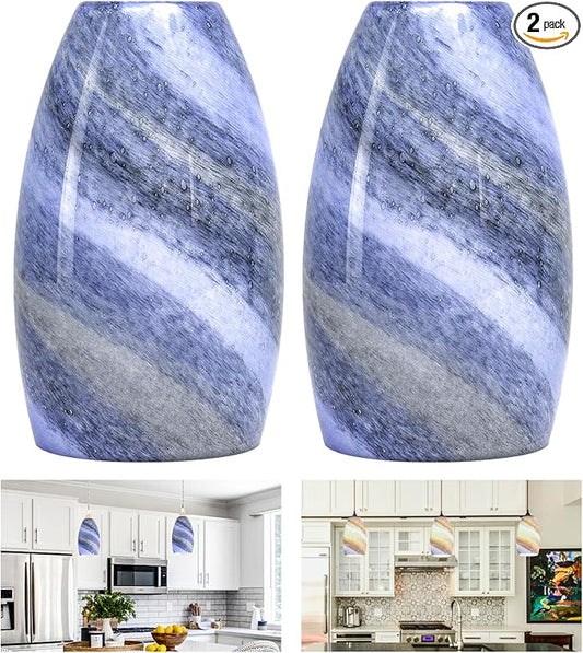 GO&SO Ocean-Blue Gradient Glass Art Lamp Shade -2 Pack Hand-Blown Fluid Flow Texture Pendant Light Shades Replacement,7.8"H Oval Fixture,1.57" Fitter,E26 Base,for Hanging Light Fixtures Kitchen Island