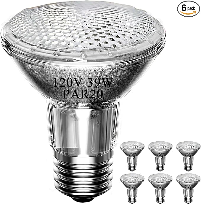 Par20 120V 39W Halogen Flood Light Bulb, PAR20 Light Bulb, Dimmable, E26 Base, 2700K Warm White, 3000 Hours for Indoor Range Hood, Track Oven, Ceiling Can Lamp（6Pack）