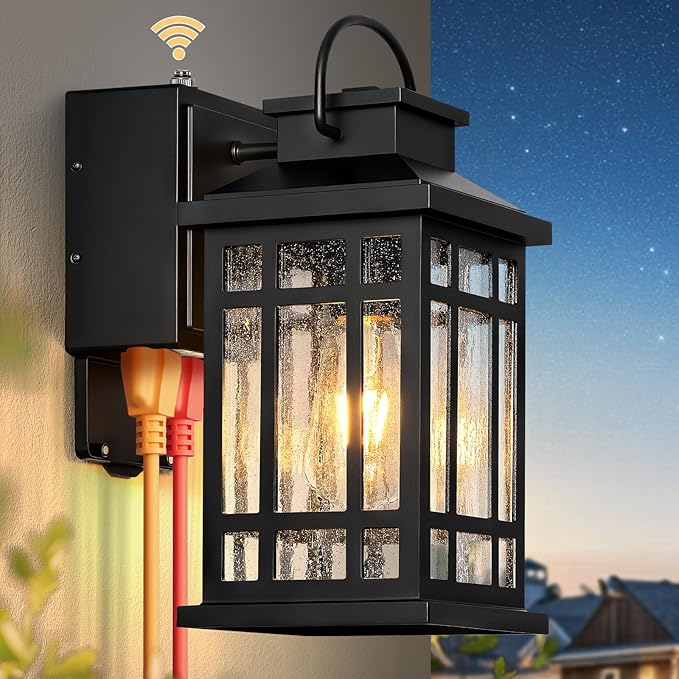 Exterior Lighting Fixtures with GFCI Outlet, Black Dusk to Dawn Outdoor Lights with Bubble Glass, Anti-Rust Outside Wall Sconce Lantern for Garage Coach, Patio Wall Light Fixture with Outlet