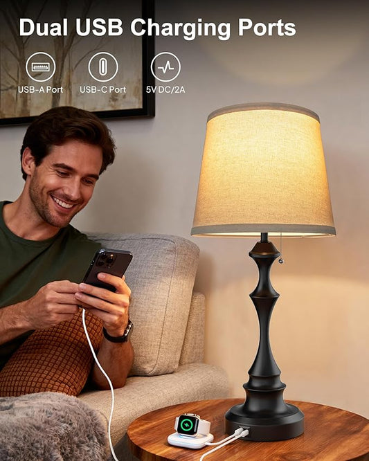22'' Table Lamp for Living Room Set of 2: Farmhouse Table Lamp for Night Stands, 3-Way Dimmable Rustic Lamp with USB C+A Charging Ports, Side Table Lamp with Linen Fabric Shade, LED Bulbs Included