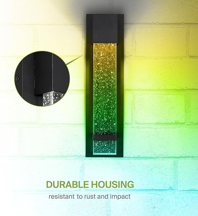 ASD LED 18" Bubble Glass Wall Light Fixture, Outdoor & Indoor Seeded Sconce | RGBW, Waterproof, ETL Listed | 9W 250LM 3000-5000K 100-277V | Exterior Lantern, Porch Lighting | Black, 2 Pack