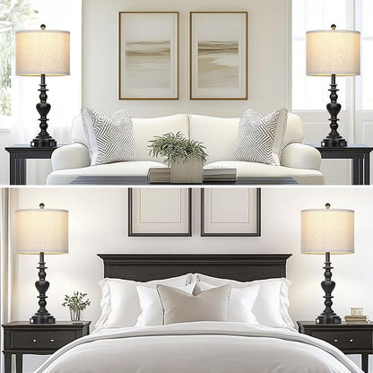 Farmhouse Table Lamps Set of 2, 27" Black Vintage Bedside Lamps with USB A+C Charging Ports, 3-Way Dimmable Touch Control Rustic Nightstand Lamp for Living Room Office(Bulbs Included)
