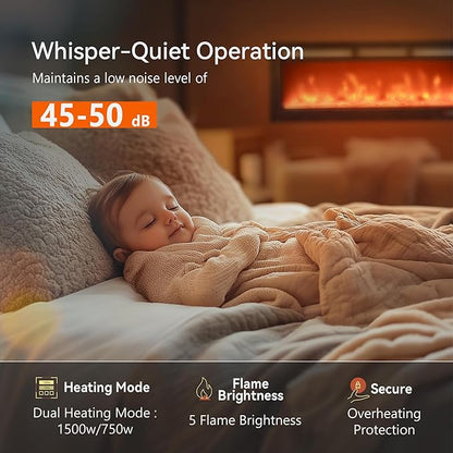 EUHOMY 50 Inch Electric Fireplace Wall Recessed and Wall Mounted with Adjustable Flame Color, Fireplace Heater with Remote Control, Linear Fireplace with Timer, Touch Screen, Log & Crystal, 750/1500W