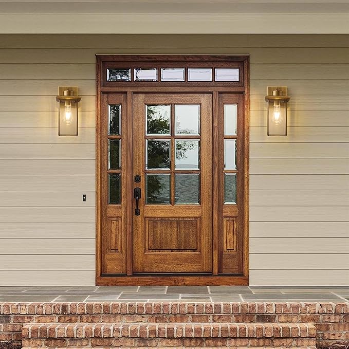 Brass Outdoor Wall Light Fixtures, Exterior Waterproof Lanterns, Porch Wall-Mounted Lights with E26 Socket and Glass Shade – Modern Rustproof Wall Sconces for Yard, Front Door & Entryway.2-Pack