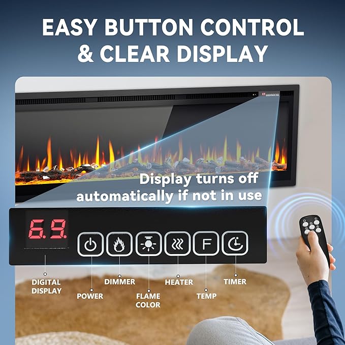 EUHOMY 60 Inch Electric Fireplace Recessed Wall Mounted Freestanding with Remote Control, Ultra-thin Fireplace Heater with Adjustable Flame Color, Linear Fireplace with Timer, Log & Crystal, 750/1500W