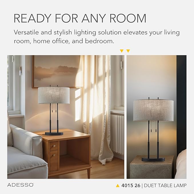 Adesso Duet Table Lamp with Dual Pull Chains, Antique Bronze Finish, Taupe Fabric Shade – 27” Tall, Versatile Bedside Table or Desk Lamp