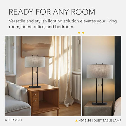 Adesso Duet Table Lamp with Dual Pull Chains, Antique Bronze Finish, Taupe Fabric Shade – 27” Tall, Versatile Bedside Table or Desk Lamp