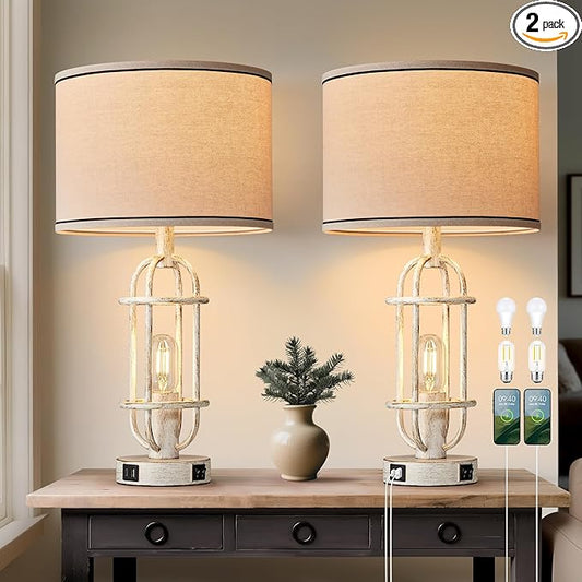 22.3" Farmhouse Table Lamps Set of 2, Vintage Lamps for Living Room End Tables, Bedroom Lamp for NightStand with USB C+A Ports, Antique White