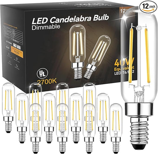 TJOY E12 T6 Candelabra LED Bulbs, Dimmable 4.5W Equivalent 40W 2700K Soft Warm White, Small Base Clear Light Bulb, Vintage Edison Bulb Decorative for Chandelier Ceiling Fan Wall Sconces, 500lm, 12pack