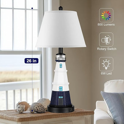 WIHTU Modern Lighthouse Table Lamps Set of 2, White Navy Blue Bedside Nautical Table Lamp, Nautical Style Resin Reading Lights for Bedroom Livingroom, Bulbs Included