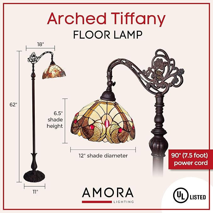 Amora Tiffany Style Floor Lamp Arched Vintage Antique 62" Tall Stained Glass Brown Red Tan Traditional Light Decor Bedroom Living Room Reading Gift AM344FL12 Lighting