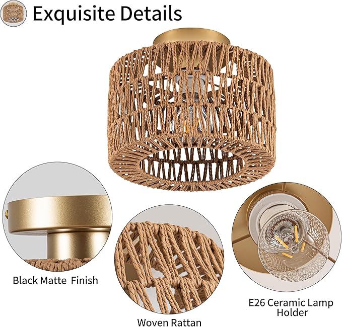 Rattan Ceiling Light, 1 Light Bohemian Modern Woven Flush Mount Ceiling Light, Boho Light Fixture for Bedroom Living Room Dining Room, Gold Finish