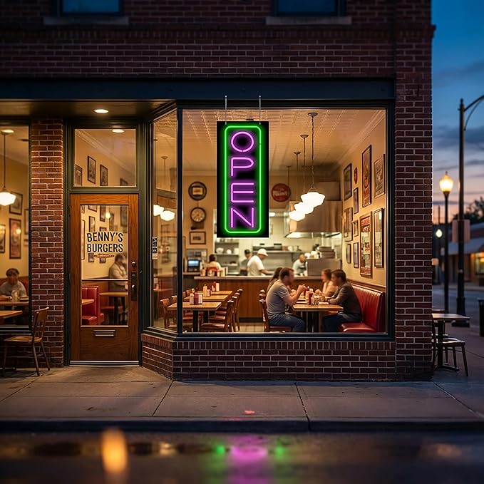 Vertical Deluxe Neon Open Sign - 13" wide x 32" high - Purple Letters with a Green Outer Border - Real, Quality Hand Bent Neon