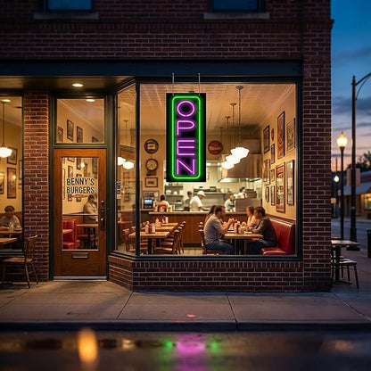 Vertical Deluxe Neon Open Sign - 13" wide x 32" high - Purple Letters with a Green Outer Border - Real, Quality Hand Bent Neon
