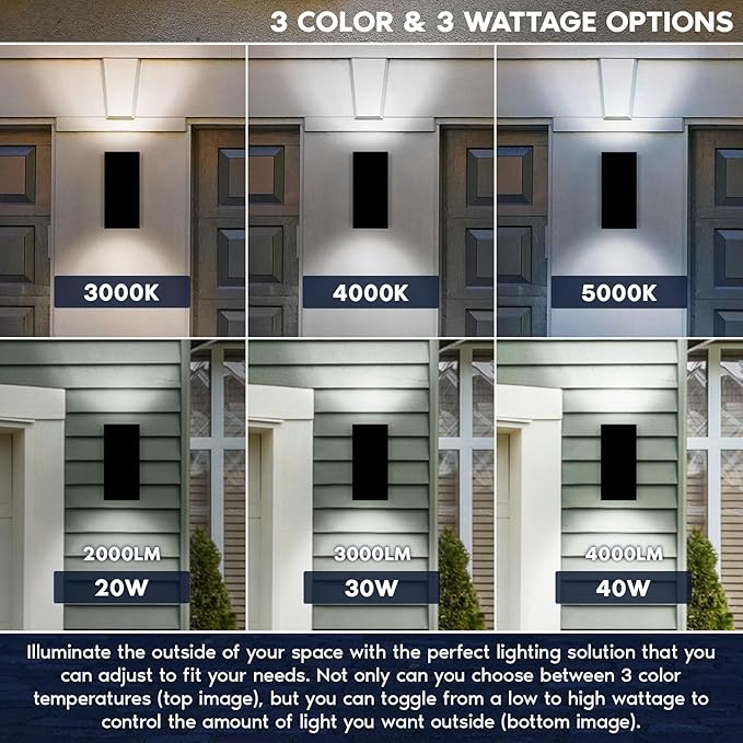LUXRITE Dusk to Dawn LED Modern Outdoor Wall Lights, 12", Up or Up and Down Light, 3CCT 3000K-5000K, Waterproof Square Wall Sconce, 20/30/40W, Dimmable, IP65, ETL - Porch Patio Garage (2 Pack)