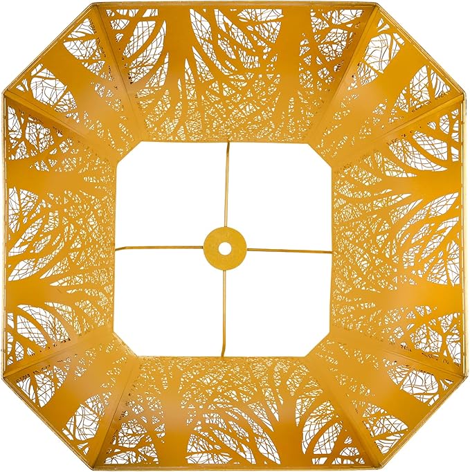 Metal Bell Lamp Shade, Large Lampshade (Spider Fitter) Square Cut Corner, Etched Forest Lamp Shades for Table Lamps and Floor Lamps, Bronze Gold Tree Pattern, 8" Top x 14" Bottom x 11" High