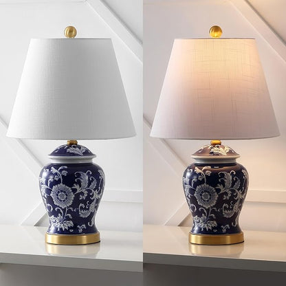 JONATHAN Y JYL3005D 22" French Country Ginger Jar Table Lamp, Navy and White Chinoiserie Ceramic Bedside Lamp for Living Room, Traditional Bedroom Nightstand with White Linen Shade, LED Bulb Included
