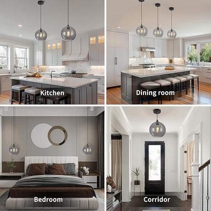 Grey Glass Pendant Lights Kitchen Island Lighting Modern Globe Pendant Light Fixtures Modern Pendant Lights for Kitchen Island Bedroom Living Dining Room Light Fixture-7.8inch,2Pack