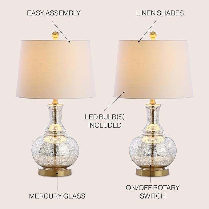 JONATHAN Y JYL1068A-SET2 25" Mercury Glass Table Lamp Set of 2 for Living Room Bedroom, Contemporary Glam Bedside Nightstand Lamps with White Linen Drum Shade and Brass Gold Base, LED Bulbs Included