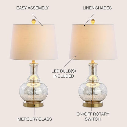JONATHAN Y JYL1068A-SET2 25" Mercury Glass Table Lamp Set of 2 for Living Room Bedroom, Contemporary Glam Bedside Nightstand Lamps with White Linen Drum Shade and Brass Gold Base, LED Bulbs Included