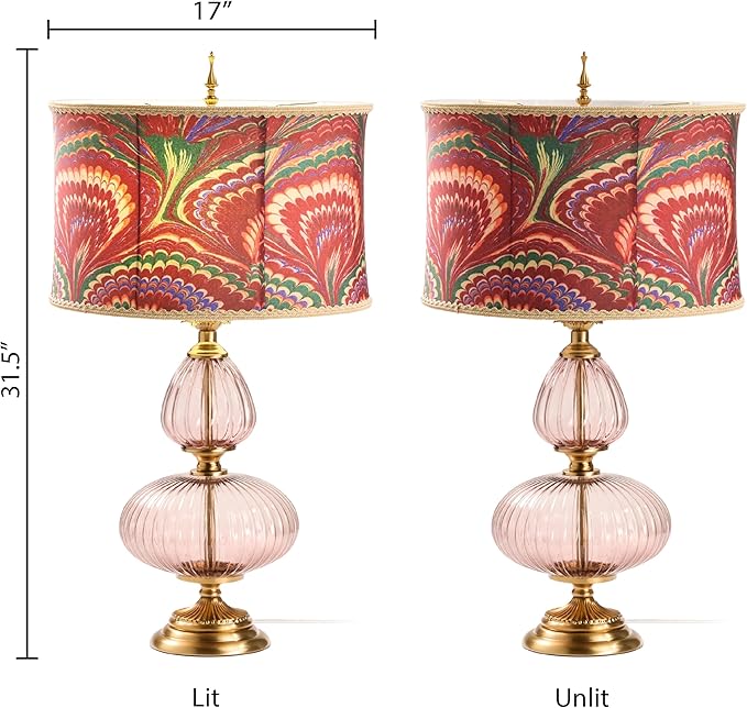 River of Goods 31.5" H Dash Red Printed Drum Shade Geometric Pink Glass Table Lamp