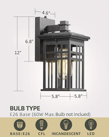 Dusk to Dawn Sensor Outdoor Wall Sconce Lantern, HWH Exterior Wall Mounted Lamp Porch Light Fixture with Clear Glass Shade, Matte Black Finish for Garage Doorway Garden, 5HD27B-PC BK