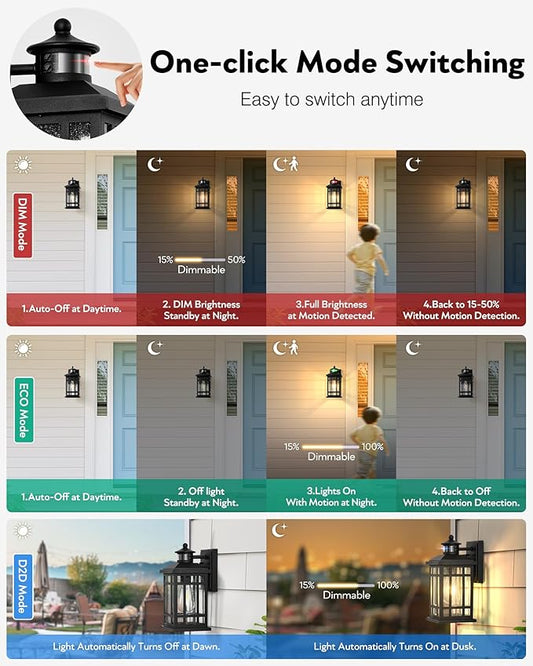 Motion Sensor Outdoor Light Adjustable Sensing Range, 2 Pack Black Dusk to Dawn Exterior Lighting Fixtures with Seed Glass, Aluminum Anti-Rust Outside Lights for House Garage Doorway Garden