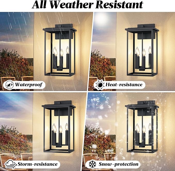 Extra Large Outdoor Wall Light Fixture,Black Outdoor Wall Sconce,Exterior Garage Lights, Modern Exterior Lights for House,Waterproof Front Porch Lanterns with Toughened Glass E12 1 Pack