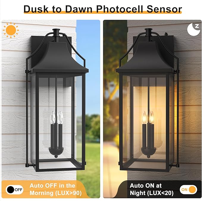 25-INCH Dusk to Dawn Outdoor Wall Light, Large Size Waterproof Patio Lanterns, 3-Light Exterior Wall Mount Lantern Sconce with Glass, Black Wall Sconces for House Garage Front Door