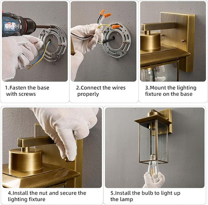 Brass Outdoor Wall Light Fixtures, Exterior Waterproof Lanterns, Porch Wall-Mounted Lights with E26 Socket and Glass Shade – Modern Rustproof Wall Sconces for Yard, Front Door & Entryway.2-Pack