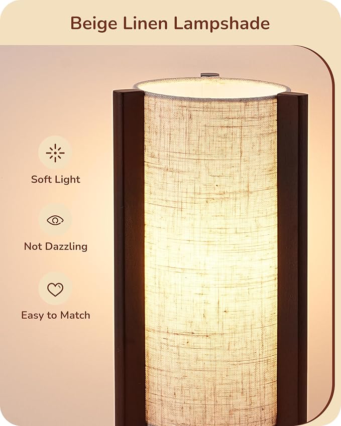 EDISHINE Wood Table Lamp, 13.5" Small Bedside Lamp, Beige Linen Shade, Rose Wood Cylinder Nightstand Lamp for Bedroom Living Room, On-Off Line Switch, E26 Base (Bulb Not Included)