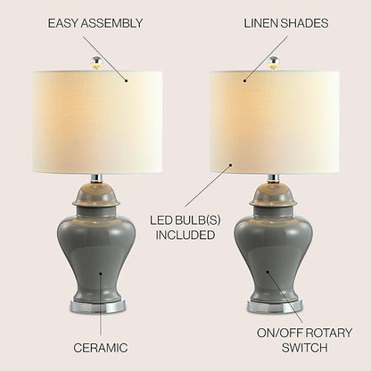 JONATHAN Y JYL6602B-SET2 22" Gray Classic Ceramic Table Lamp Set of 2 for Living Room, Traditional Ginger Jar Bedside Lamps for Bedroom Nightstand with White Linen Shade, LED Bulbs Included