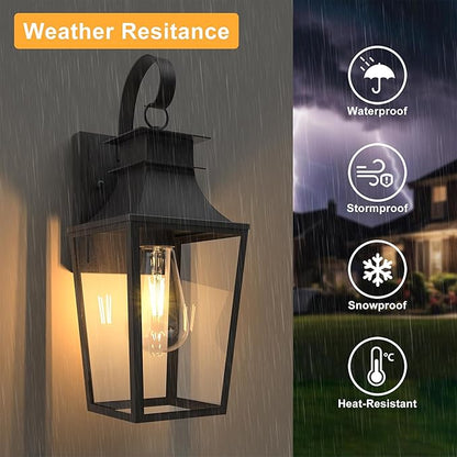 𝟏𝟔 𝐈𝐍𝐂𝐇 Outdoor Wall Light Fixtures, Dusk to Dawn Outdoor Lighting Wall Mount with E26 Sockets & Clear Glass Shades, Waterproof Exterior Black Porch Lights for Front Door Garage Patio