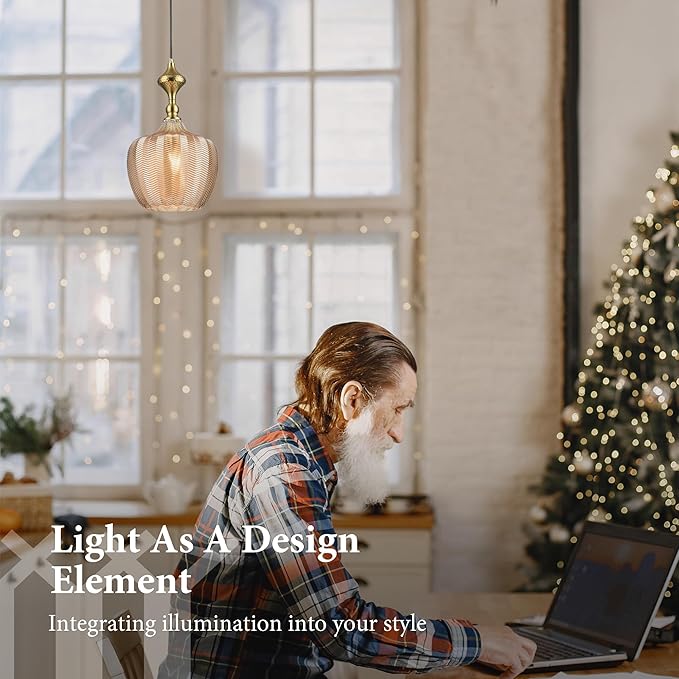 Modern Glass Pendant Light, 9.5"x16.5" Amber Sunset-Striped Light Fixture with Gold Cap, 15"-72" Adjustable Line, E26 Socket for Kitchen Island or Hallway – Sunset Gold Tulip