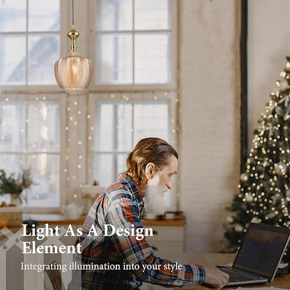 Modern Glass Pendant Light, 9.5"x16.5" Amber Sunset-Striped Light Fixture with Gold Cap, 15"-72" Adjustable Line, E26 Socket for Kitchen Island or Hallway – Sunset Gold Tulip