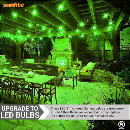 Sunlite LED S14 String Light Bulb, 2 Watts (25W Equivalent), Medium E26 Base, Party Decoration, Holiday Lighting, Transparent, Dimmable, UL Listed, Green, 6 Count