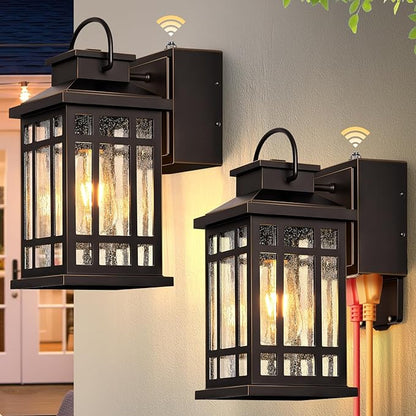 Dusk to Dawn Porch Lights with GFCI Outlet, Outside Lighting Fixtures for House, Oil Rubbed Bronze Exterior Garage Light Fixtures with Gold Trim, Anti-Rust Outdoor Sconce Light for Patio, Coach