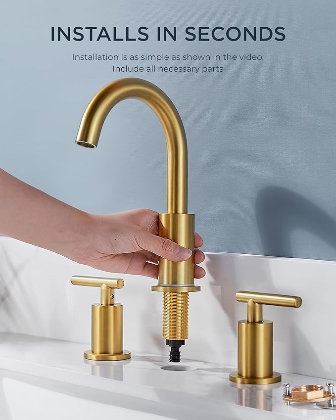 FORIOUS LED Bathroom Faucet Gold, 3 Hole Bathroom Faucet Brushed Gold Widespread with 3 Color Changing Light, Metal Pop Up Drain, CUPC Supply Hose and 360° Swivel Spout, 3 Pieces Wide LED Tap
