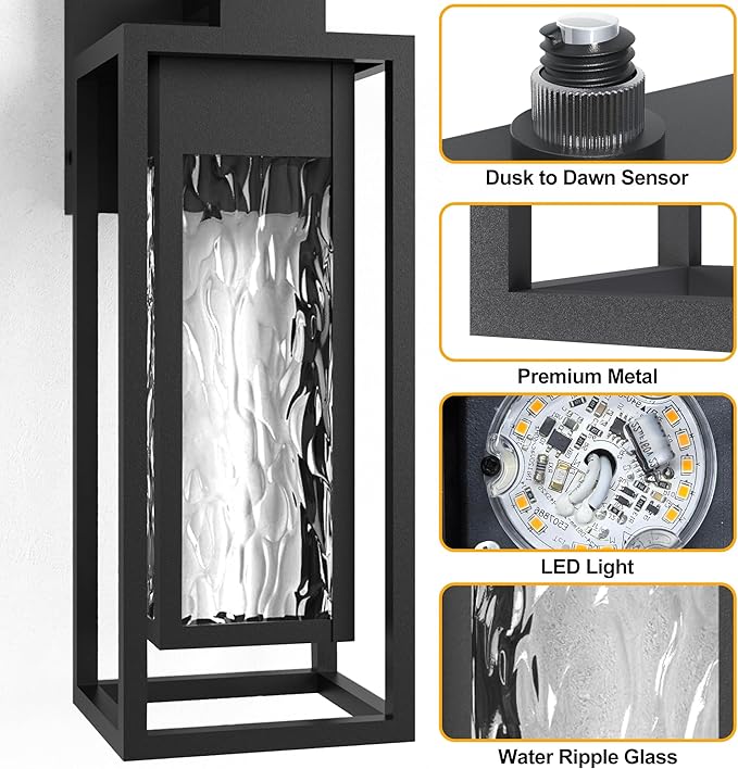𝟏𝟓𝐈𝐍𝐂𝐇 LED Outdoor Light Fixture, Dusk to Dawn Outdoor Lighting with Rippled Glass, Outdoor Wall Lights Waterproof Porch Lights, Modern Outside Wall Lantern for Porch Patio Garage