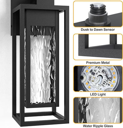 𝟏𝟓𝐈𝐍𝐂𝐇 LED Outdoor Light Fixture, Dusk to Dawn Outdoor Lighting with Rippled Glass, Outdoor Wall Lights Waterproof Porch Lights, Modern Outside Wall Lantern for Porch Patio Garage
