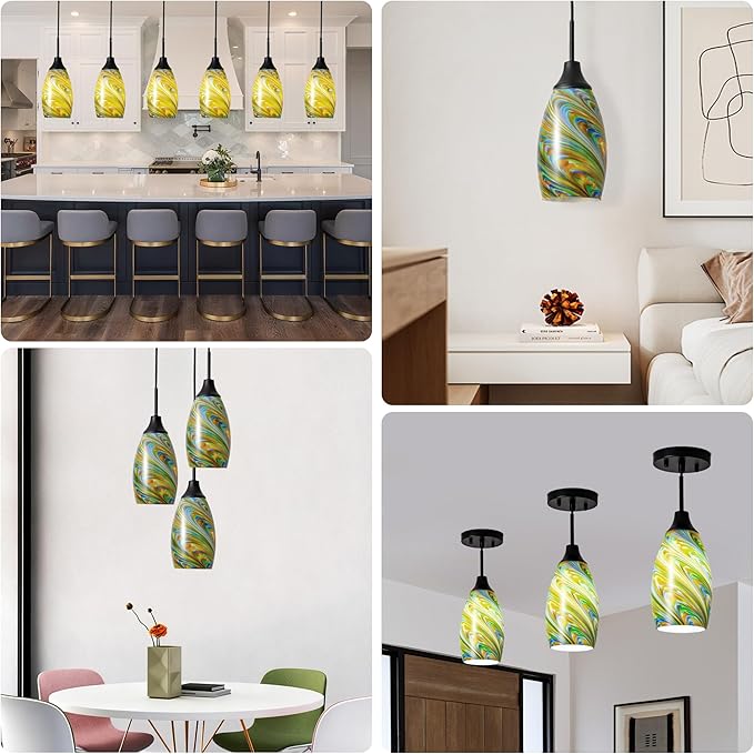 Mini Glass Pendant Light 4.72" Oval Pendant Lights 3-Pack Handblown Colorful Art Glass Hanging Pendant Light for Kitchen Island Dining Room Living Foyer Hallway Entry Matte Black Metal
