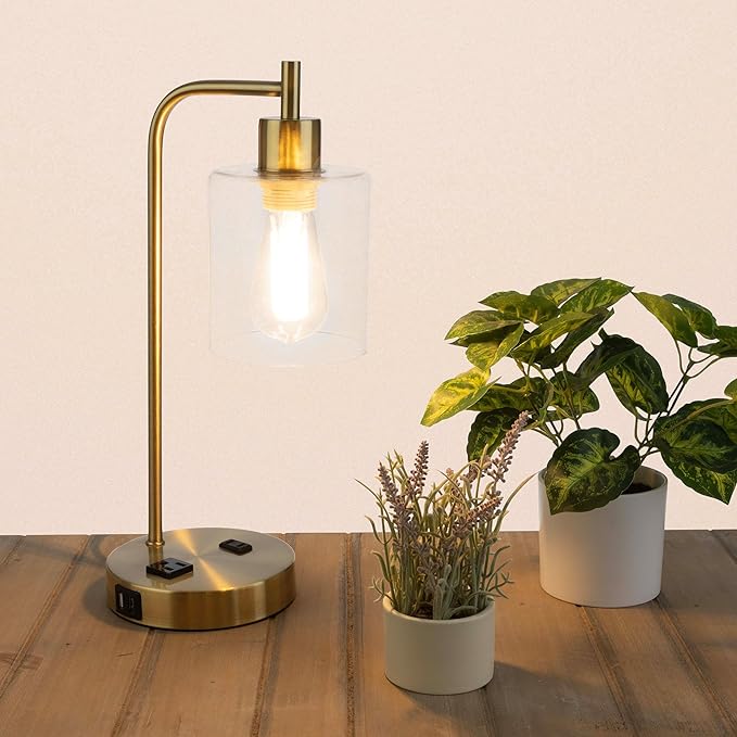 Lavish Home Set of 2 Table Lamps - Industrial Lamps with USB Ports, Touch Control, and Edison Bulb - Living Room, Office, or Bedroom Decor (Gold)
