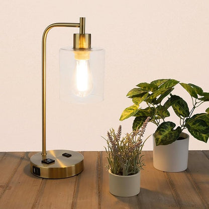 Lavish Home Set of 2 Table Lamps - Industrial Lamps with USB Ports, Touch Control, and Edison Bulb - Living Room, Office, or Bedroom Decor (Gold)