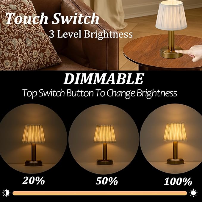 11'' Vintage Antique Brass Type-C Rechargeable Cordless LED Table Lamp Touch Control Mini Desk Lamp with Fabric ShadeDimmable Nightstand Light for Bedroom Living Room Study Room