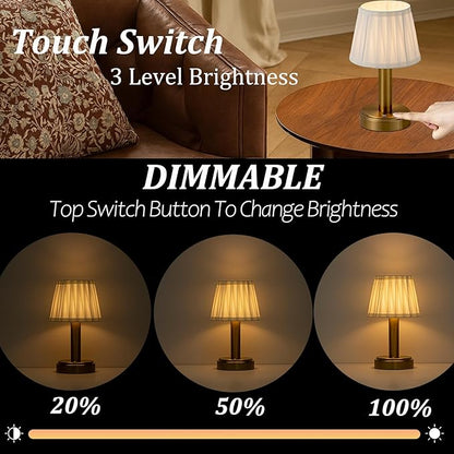 11'' Vintage Antique Brass Type-C Rechargeable Cordless LED Table Lamp Touch Control Mini Desk Lamp with Fabric ShadeDimmable Nightstand Light for Bedroom Living Room Study Room