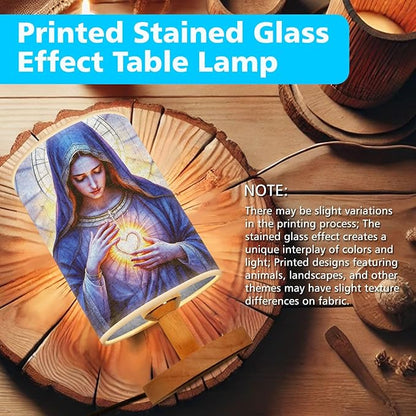 Our Lady of Sorrows Table Lamp LED 3-Color Pressed Bedside, Our Lady of Sorrows Shade Lamp with Wood Base for Bedroom Living Room Desk Office TL01