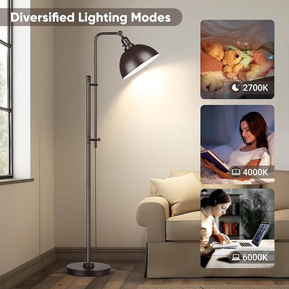 PARTPHONER Industrial Floor Lamp Adjustable, Rustic Farmhouse Reading Lamp in Aged Brown Finish Modern Standing Lamp with Remote Control Metal Shade for Living Room Bedroom Study Room Office Hotel